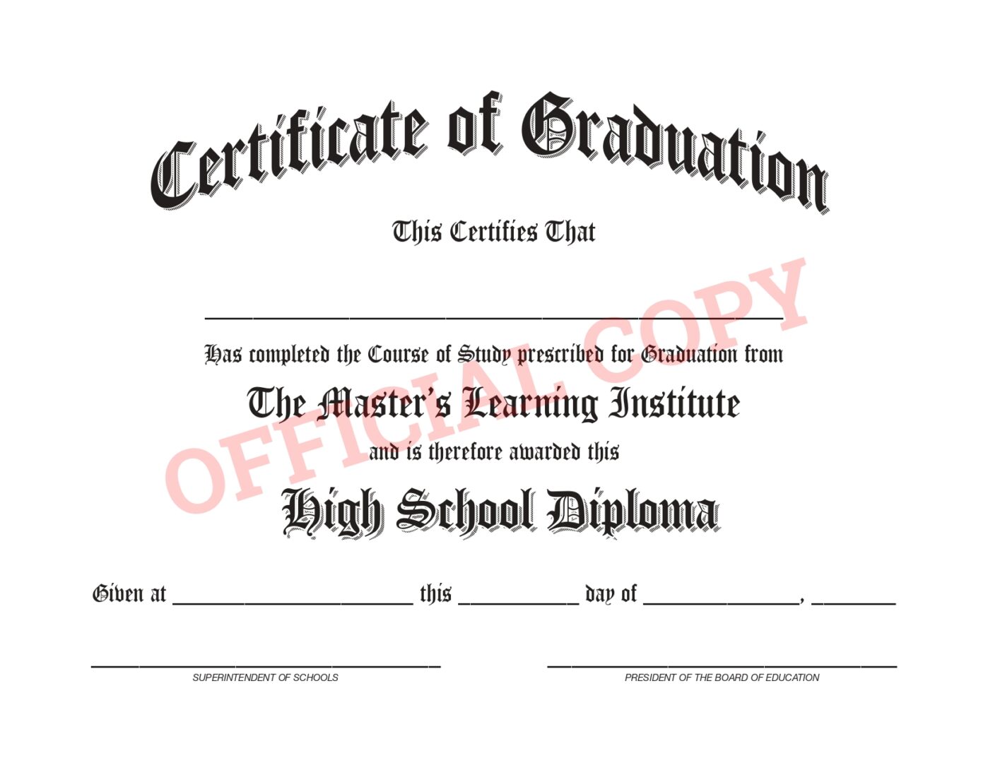 A certificate of graduation for an high school diploma.